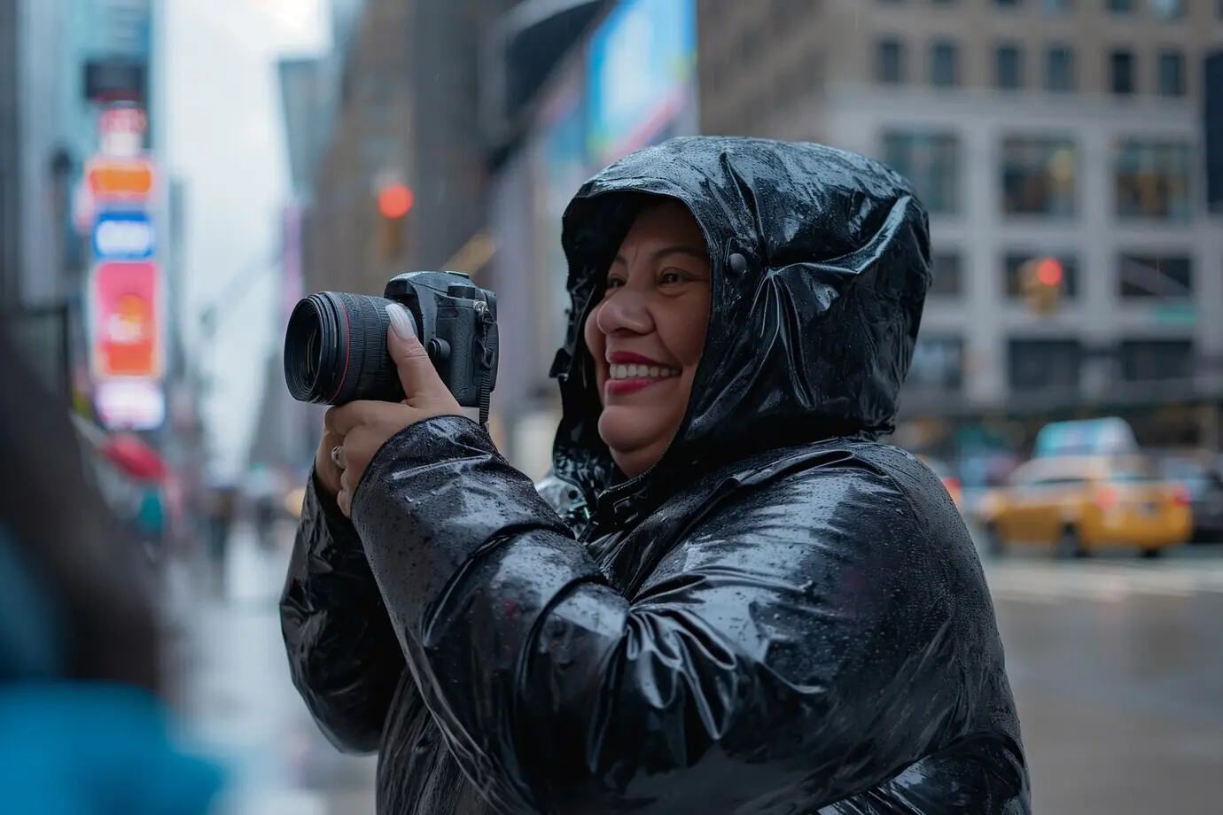 Porträt einer Frau, die mit einem Gerät ein Foto macht, für den Welttag der Fotografie.
